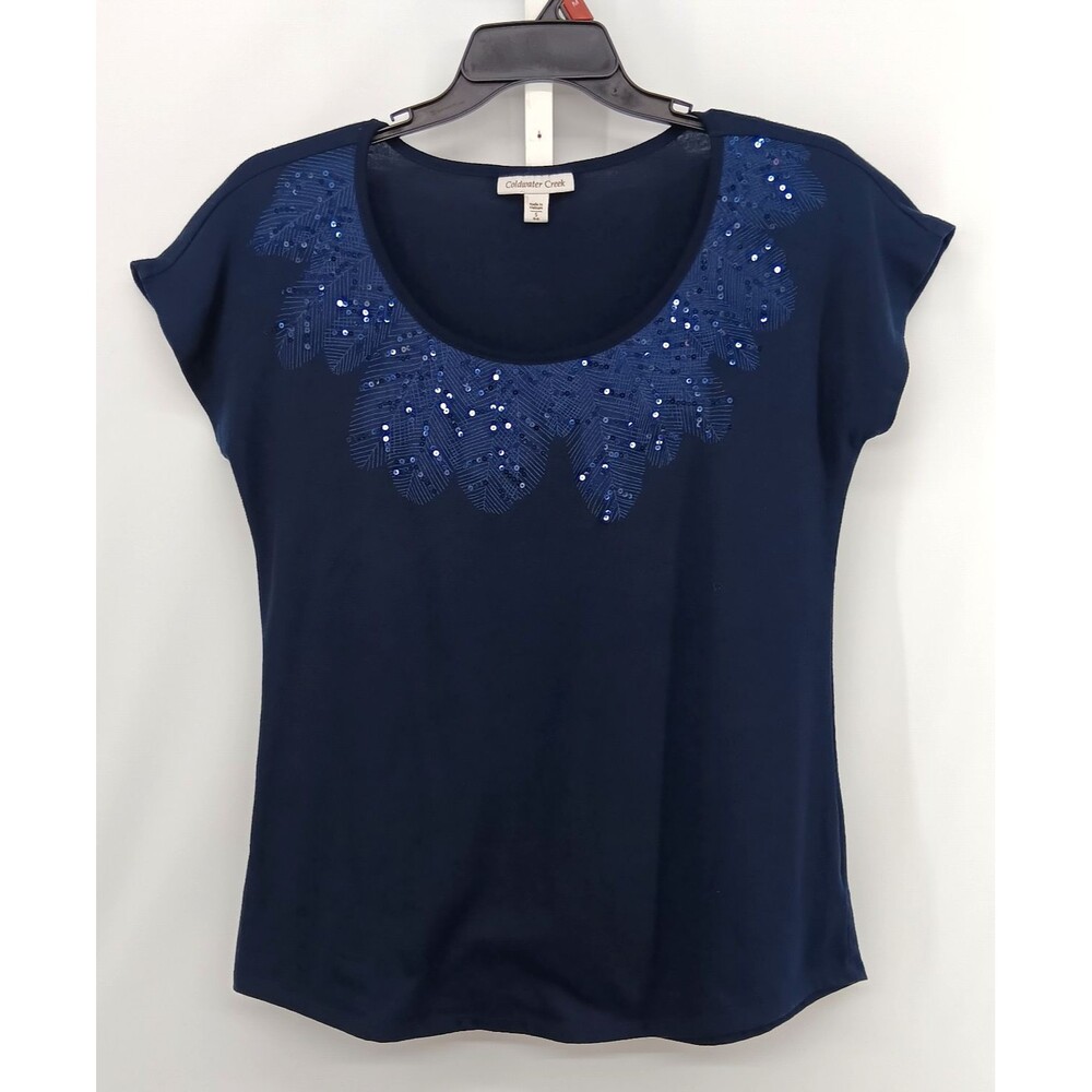 Coldwater Creek Shirt Women Small Navy Blue Sequin Scoop Neck Cap Sleeve Top